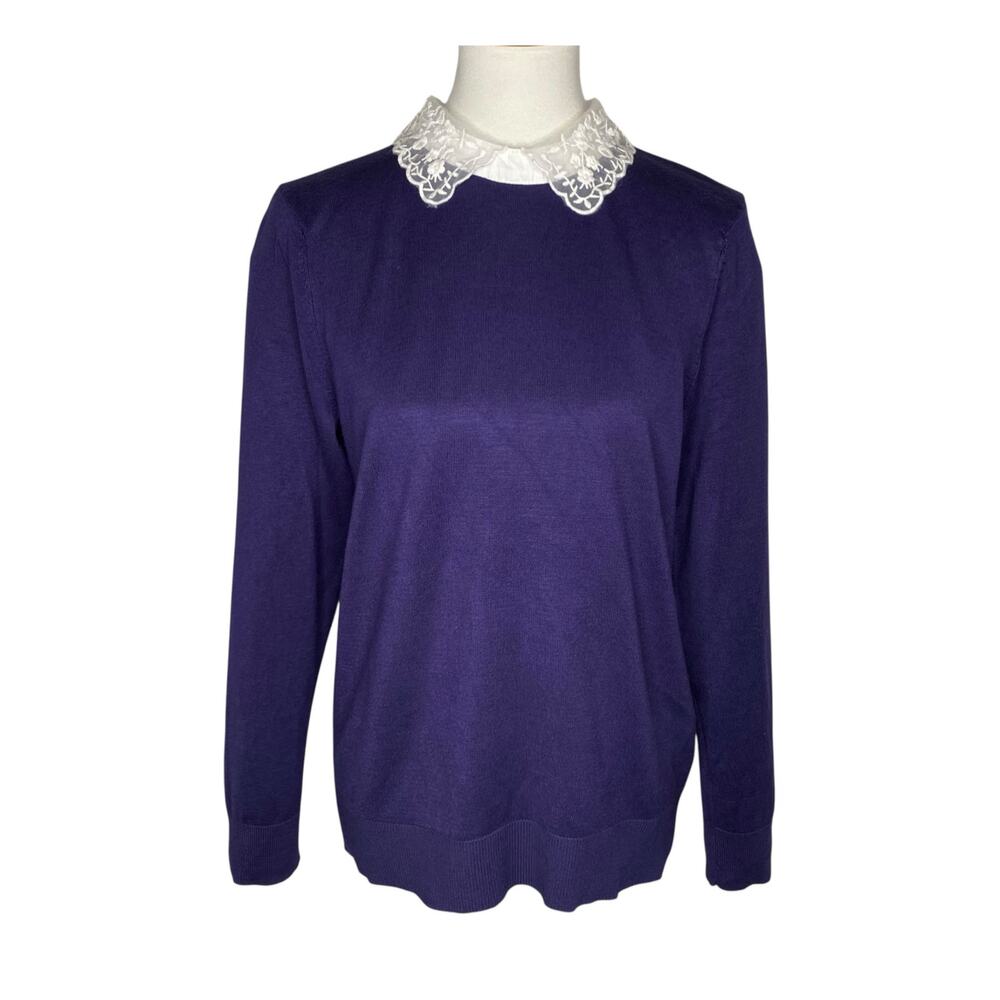 Cable & Gauge Knit Sweater Purple Lace Peter Pan Collar Top Sz XL Coquette Twee